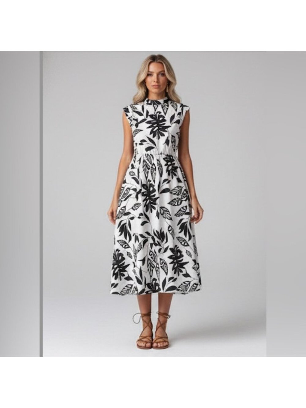 Black/White Floral Midi Dress